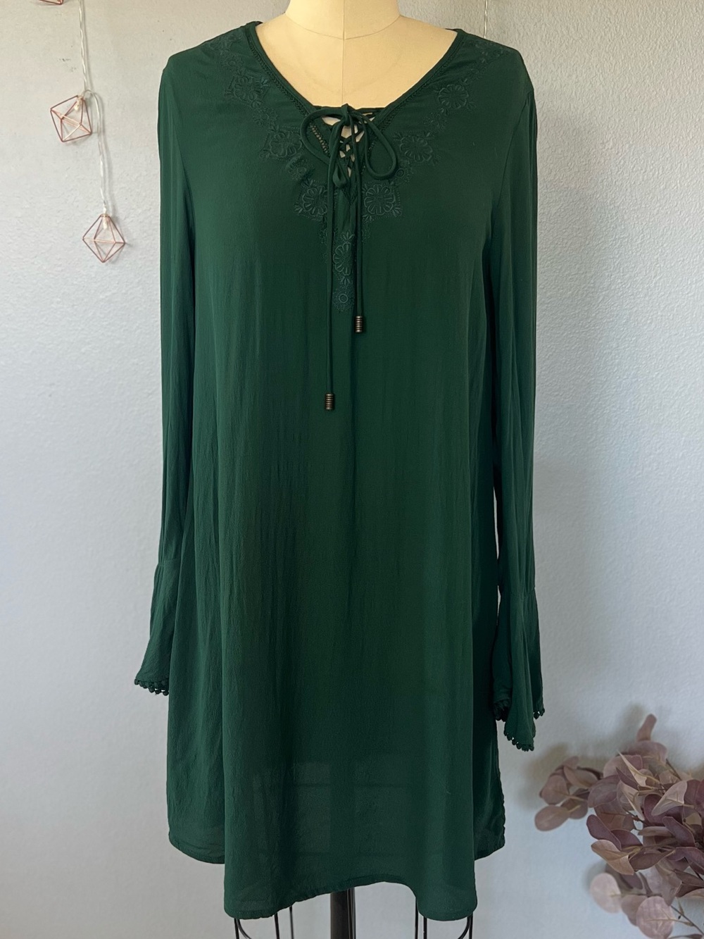Xhilaration Forest Green Long Sleeve Lace-Up Tunic Dress - Picture 1 of 6